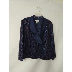 JS Signature Womens Navy Purple Sequin Lace Evening Blazer Jacket Size 16W 4459A